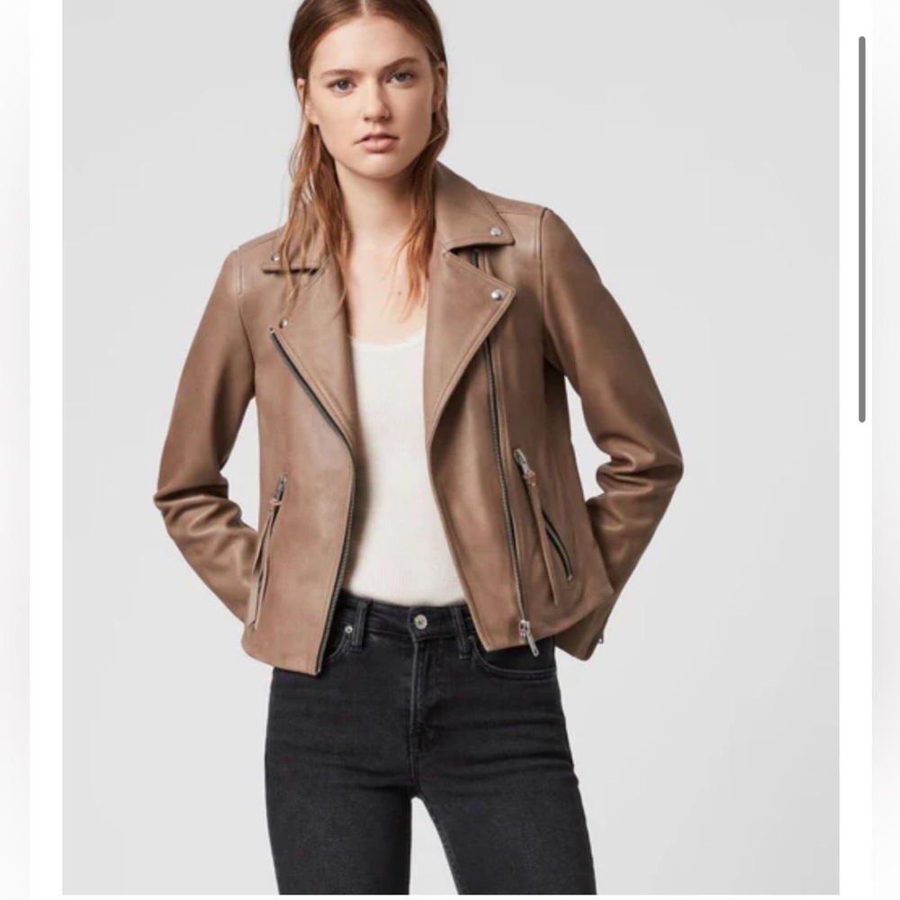ALLSAINTS DALBY TAN/GREY LEATHER BIKER JACKET Size 4